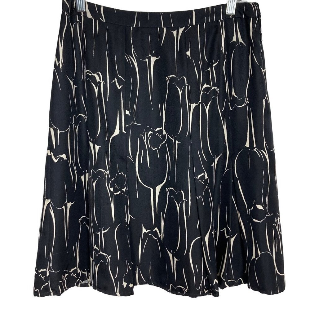 DKNY Silk Skirt Womens 6 Black White Tulip Floral Pattern Lined